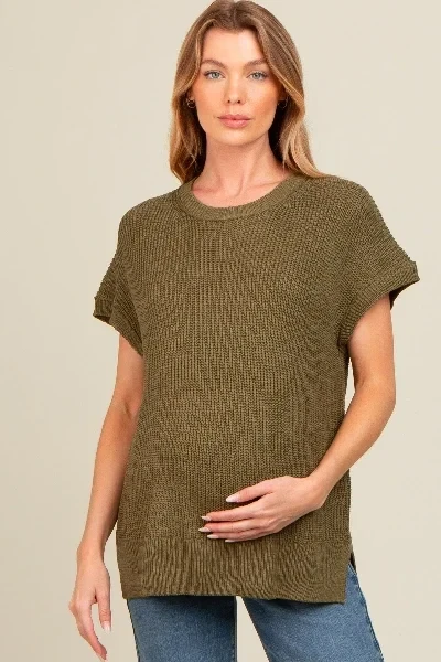 Light Olive Dolman Short Sleeve Side Slit Maternity Sweater Top - 30% Off Limited Time!