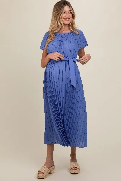Blue Pleated Sash Tie Maternity Midi Dress - 48% Off Limited Time!