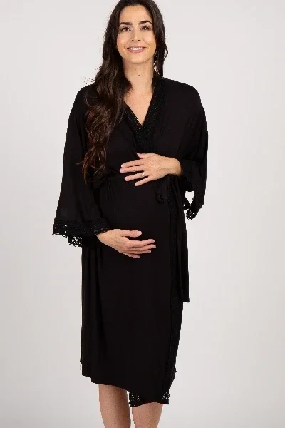 PinkBlush Black Crochet Trim Delivery/Nursing Maternity Robe - Save $1700 Now!