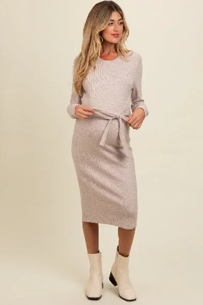 Beige Ribbed Sash Tie Maternity Midi Sweater Dress - Save 40% Today!