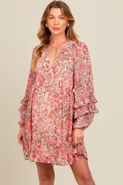 Pink Floral Ruffle Accent Maternity Dress - Save 41% Today!
