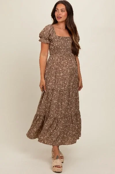 Mocha Floral Short Sleeve Maternity Maxi Dress - 41% Off Today!