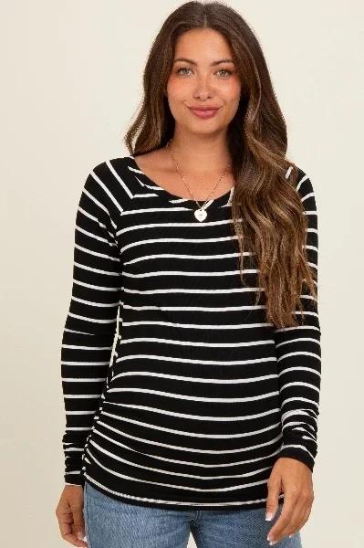 Black Striped Ruched Side Maternity Long Sleeve Top - 31% Off Limited Time!