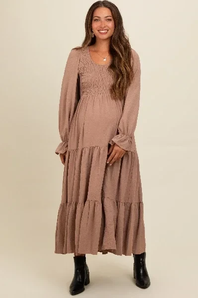 Mocha Smocked Tiered Long Sleeve Maternity Maxi Dress - 41% Off Limited Time!