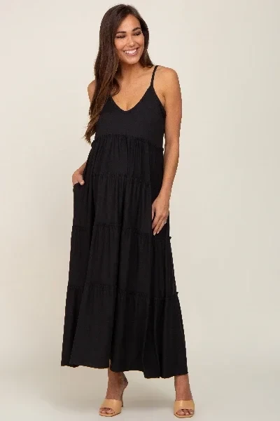 Black Tiered Sleeveless Maternity Maxi Dress - 41% Off Limited Time!