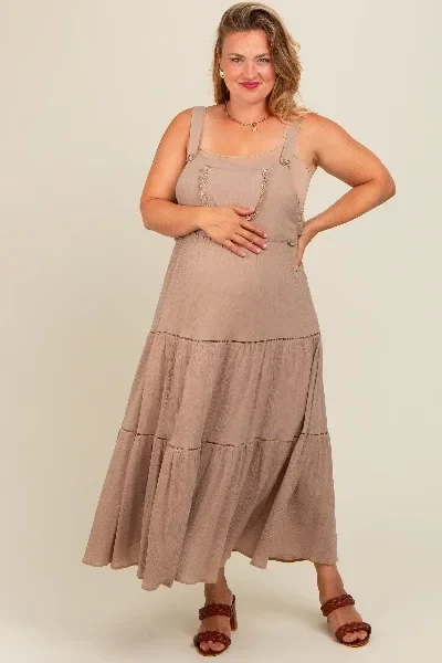 Taupe Front Pocket Tiered Overall Maternity Plus Midi Dress - 41% Discount Now!