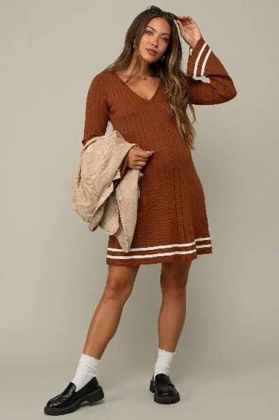 Mocha V-Neck Pleated Maternity Knit Dress - 41% Off Limited Time!
