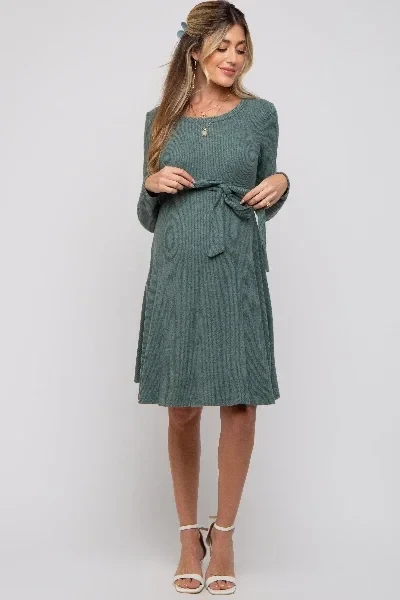 Green Soft Rib Knit Sash Tie Maternity Dress - Save $2600 Today!