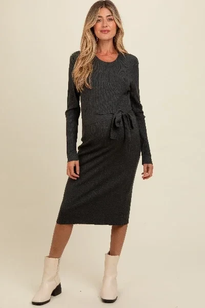 Charcoal Ribbed Sash Tie Maternity Midi Sweater Dress - 40% Off Limited Time!