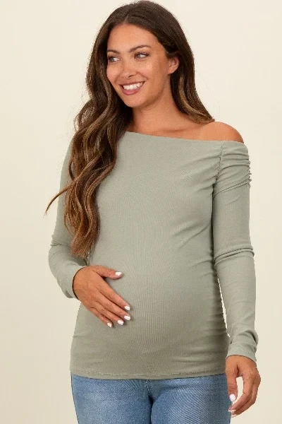 Light Olive One Shoulder Long Sleeve Maternity Top - Save $1600 Today!