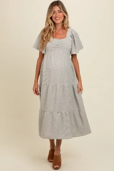 Light Olive Sweetheart Neck Short Puff Sleeve Tiered Maternity Midi Dress - 41% Off Limited Time!