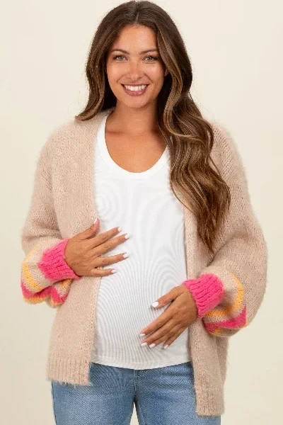 Beige Brushed Knit Striped Sleeve Maternity Cardigan - Save 31% Today!