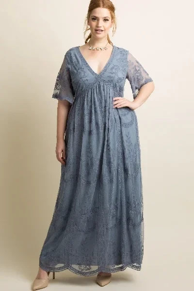 PinkBlush Blue Lace Mesh Overlay Plus Maxi Dress - 41% Off Limited Time!