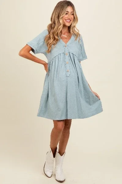 Teal Button Accent Cut Hem Detail Maternity Dress - 41% Off Today!