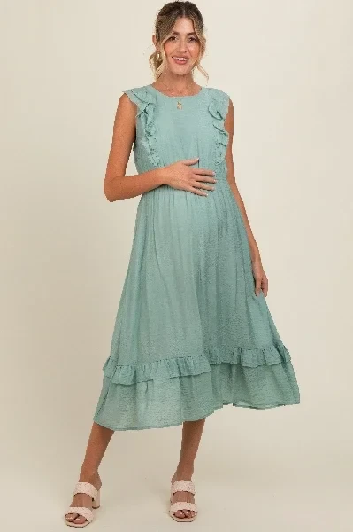 Jade Texture Ruffle Accent Maternity Midi Dress - 41% Price Drop!