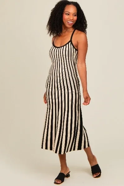 Black Striped Knit Fitted Midi Dress - Save 58% Today!