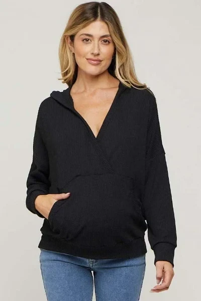 Black Ribbed Hooded Wrap Long Sleeve Maternity Top - Save 31% Today!