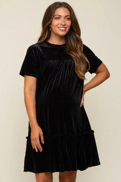 Black Ruffle Accent Velvet Maternity Dress - 41% Off Today!