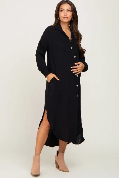Black Button Down Front Pocket Maternity Midi Dress - Save 31% Today!