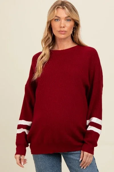 Burgundy Striped Sleeve Relaxed Fit Maternity Sweater - Save 31% Today!