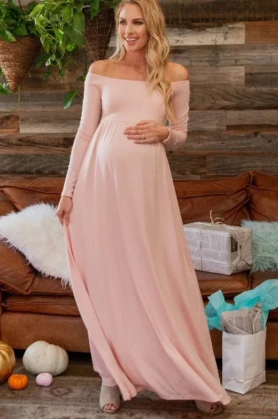 PinkBlush Petite Pink Solid Off Shoulder Maternity Maxi Dress - Save $2800 Today!
