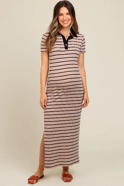 Mocha Striped Collared Side Slit Maternity Maxi Dress - Save $1800 Now!