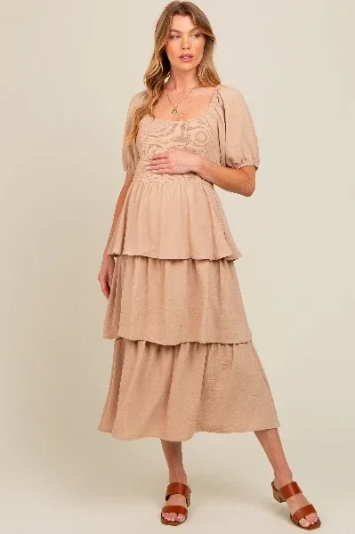 Mocha Smocked Body Ruffled Tiered Maternity Midi Dress - 41% Off Limited Time!