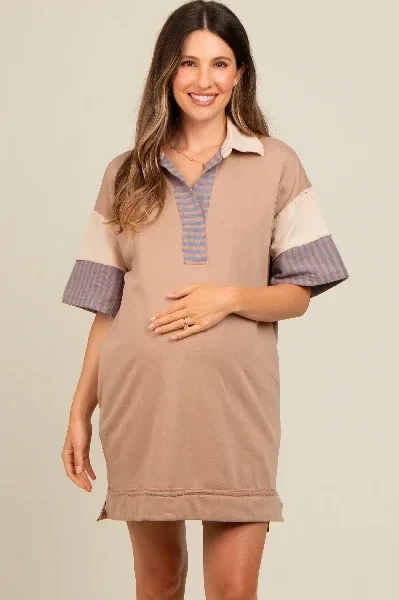 Mocha Striped Color Block Collared Terry Maternity Dress - 30% Off Limited Time!