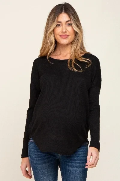 Black Waffle Knit Curved Hem Long Sleeve Maternity Top - Save 30% Today!