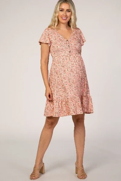 Pink Floral Ruffle Accent Maternity Dress - Now 30% Off!
