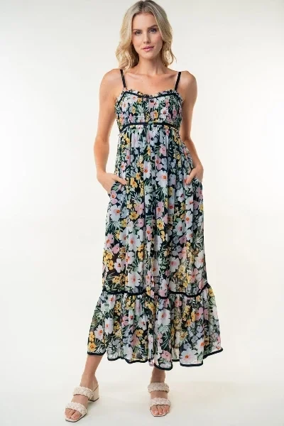 Black Floral Smocked Button Accent Maxi Dress - Save $2300 Now!