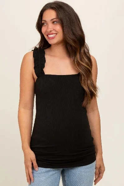 Black Ribbed Ruffle Strap Sleeveless Maternity Top - Save $1200 Today!