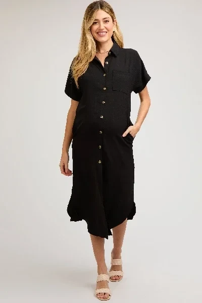 Black Button Down Front Pocket Maternity Midi Dress - Save 40% Today!