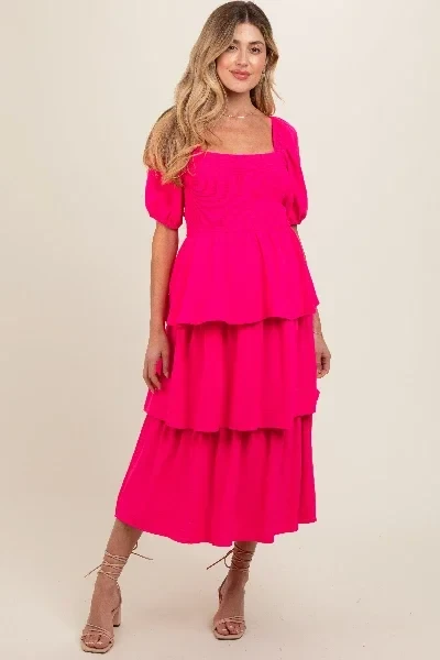 Fuchsia Smocked Body Ruffled Tiered Maternity Dress - 56% Off Today!