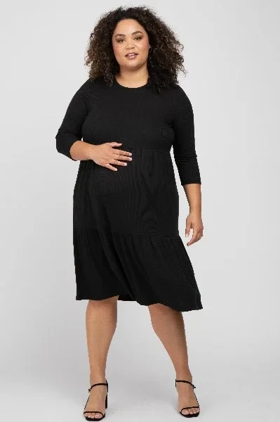 Black Tiered Ribbed 3/4 Sleeve Plus Maternity Midi Dress - 40% Discount Now!