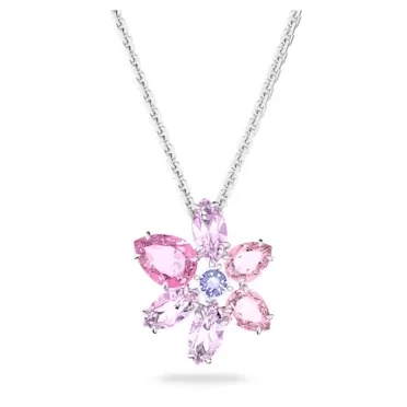 Gemapendant,Mixedcuts,Flower,Pink,Rhodiumplated