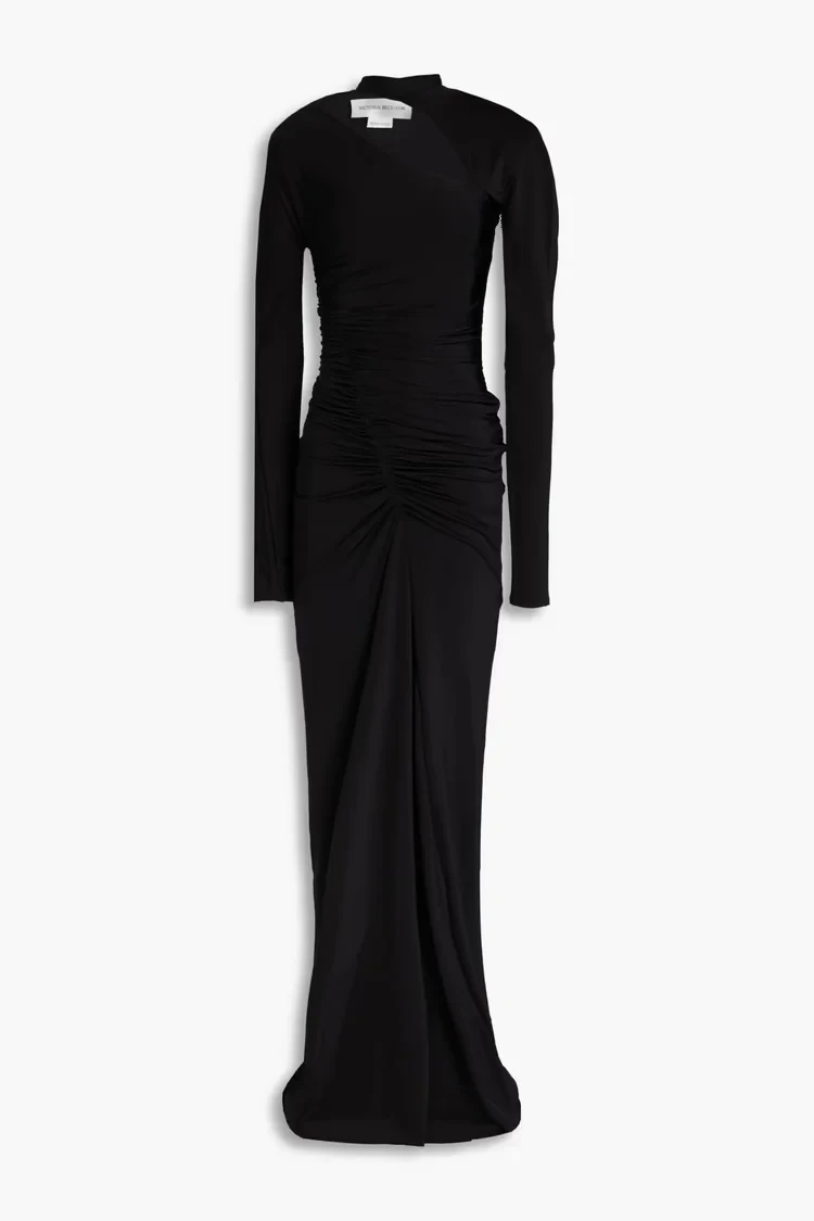 Cutout ruched satin-jersey maxi dress