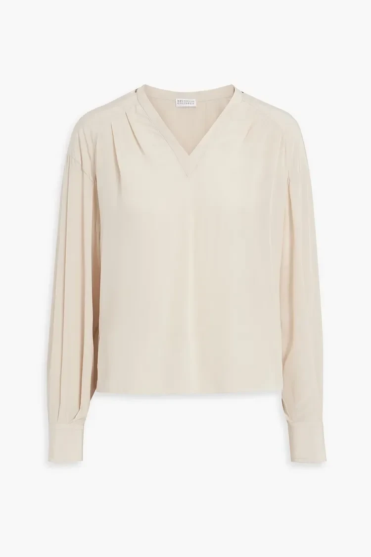 Bead-embellished pleated silk-chiffon blouse