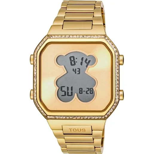 Digital Watch with gold-colored IPG steel bracelet and zirconias D-BEAR