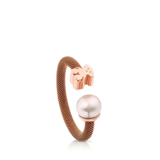 Rose IP Steel and Rose Vermeil Silver TOUS Icon Mesh Ring with 0,65cm Pearl - 30% Price Drop!