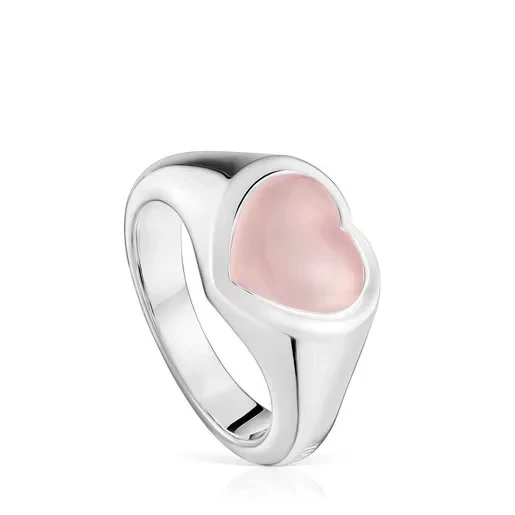 Silver and pink chalcedony heart Signet ring Bold Motif - 30% Discount Now!