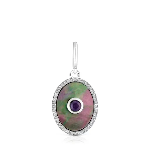 Silver medallion Pendant with nacre, amethyst and topaz Medallions - 30% Price Drop!