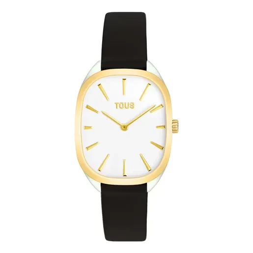 Gold-colored IPG steel analog Watch with black leather strap Heritage