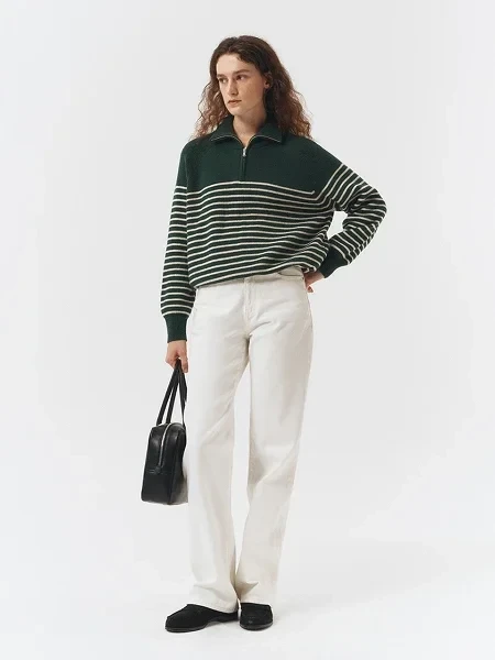 Unisex Striped Half Zip Sweater_Forest Green - Now 43% Off!