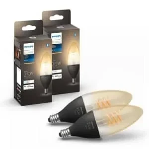 Philips Hue Smart 25W Candle-Shaped Filament LED Bulb - Soft Warm White Light - 2 Pack - 270LM - E12 - Indoor - Control with Hue App - Compatible with Alexa, Google Assistant and Apple Homekit